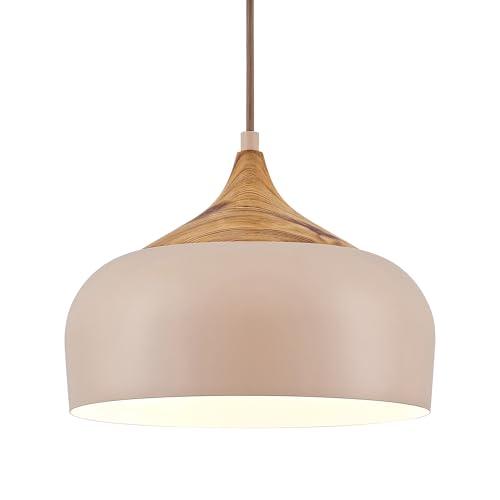 ELYONA 12 Inch Modern Pendant Light for Kitchen Island Farmhouse Hanging Lamp with Faux Pine Wood Grain Metal Shade, Adjustable Wabi Sabi Boho Ceiling Fixture for Dining Room Bedroom,Light Brown
