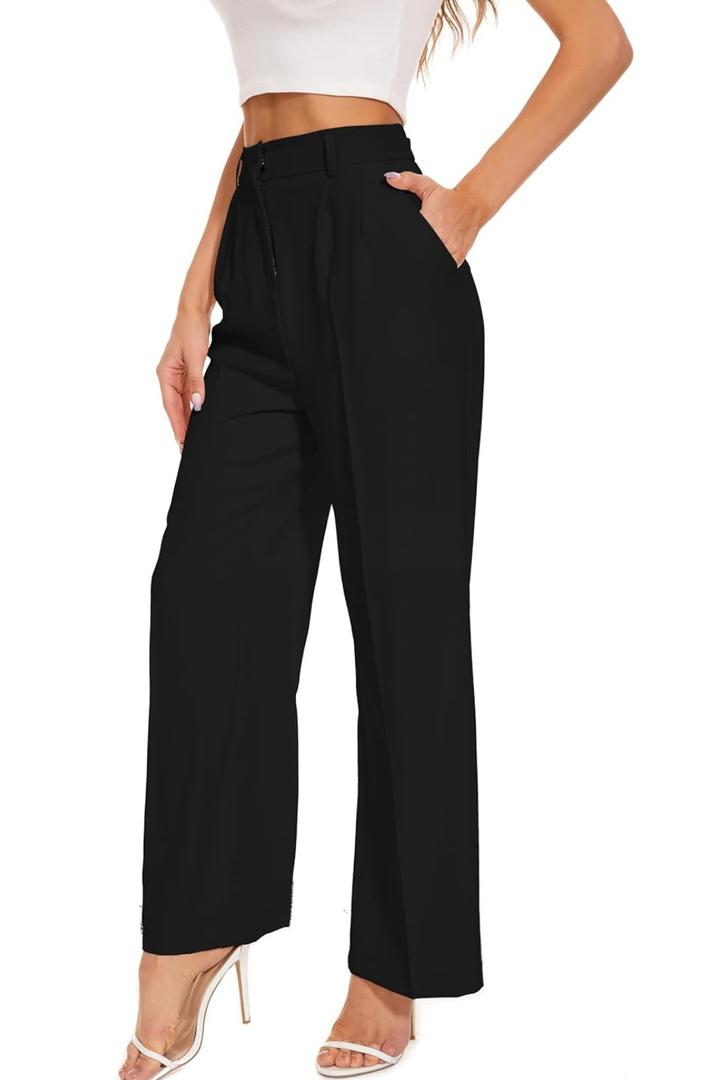FUNYYZO Wide Leg Pants Women's High Elastic Waisted in The Back Business Work Trousers Long Straight Suit Pants, Black, M