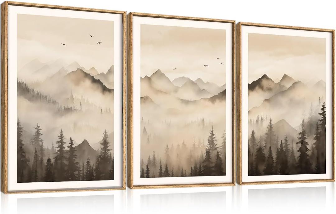 Nature Misty Forest Framed Canvas Wall Art Set, Foggy Landscape Wall Decor, Watercolor Pine Tree Wall Painting, Large Mountains Art Print for Living Room, Bedroom, Office - 24"X36"X3