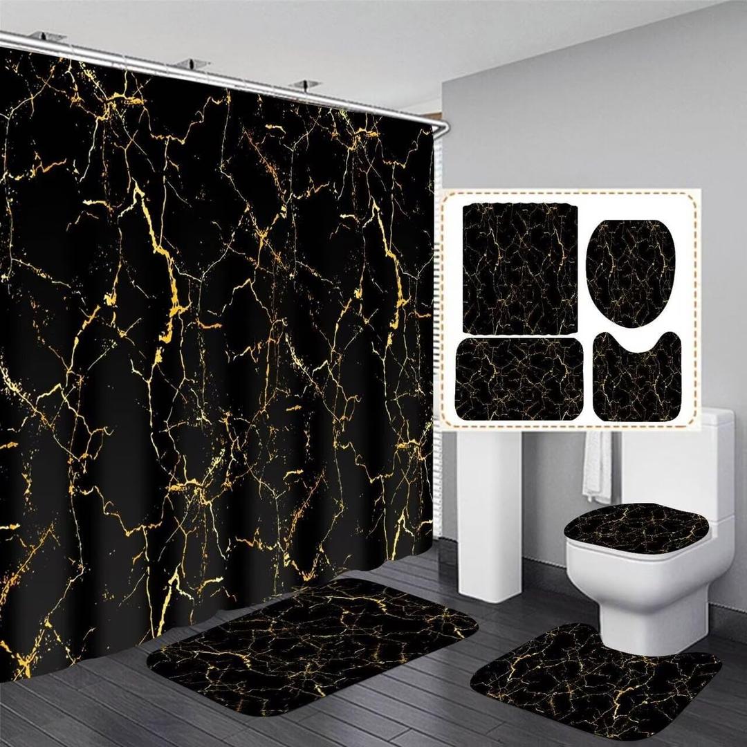 AZHM 4Pcs Shower Curtain Sets Black and Gold Marble Bathroom Sets with Shower Curtain and Rugs and Accessories Luxury Bathroom Curtain Decor Sets with 12 Hooks