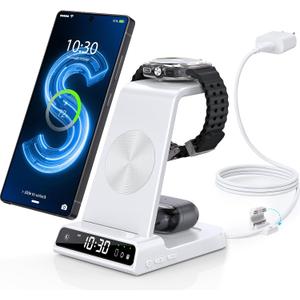 Wireless Charger for Samsung Charging Station with Clock for Samsung Galaxy S25 Ultra/S24 Ultra/Z Flip 7/Z Fold 6/Galaxy Bud, 3 in 1 Charger Station Watch Charger for Galaxy Watch 8/7/6/5 Pro (White)