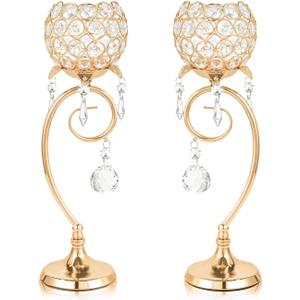 2 ps K9 Crystal tealight Candle Holder/Candlestick/Candelabra for Table Centerpieces,Wedding/Party/Event Decor,Home Decor,Gift for Mon/Friends (Golden)