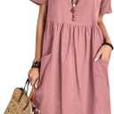 utcoco Womens Summer Cotton Linen T Shirt Dress Casual Loose Fit Crewneck Short Sleeve Midi Dresses with Pockets Size XXL