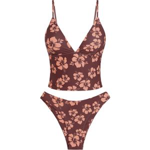 ZAFUL Women's Spaghetti Strap Tankini Swimsuits V Neck Tummy Control Tie Side Thong Bikini Swimsuits 2 Piece Bathing Suits, Small