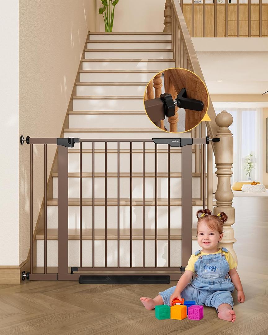 InnoTruth 29.6-39.1 in Wide Baby Gate for Stairs and Doorways, Brown