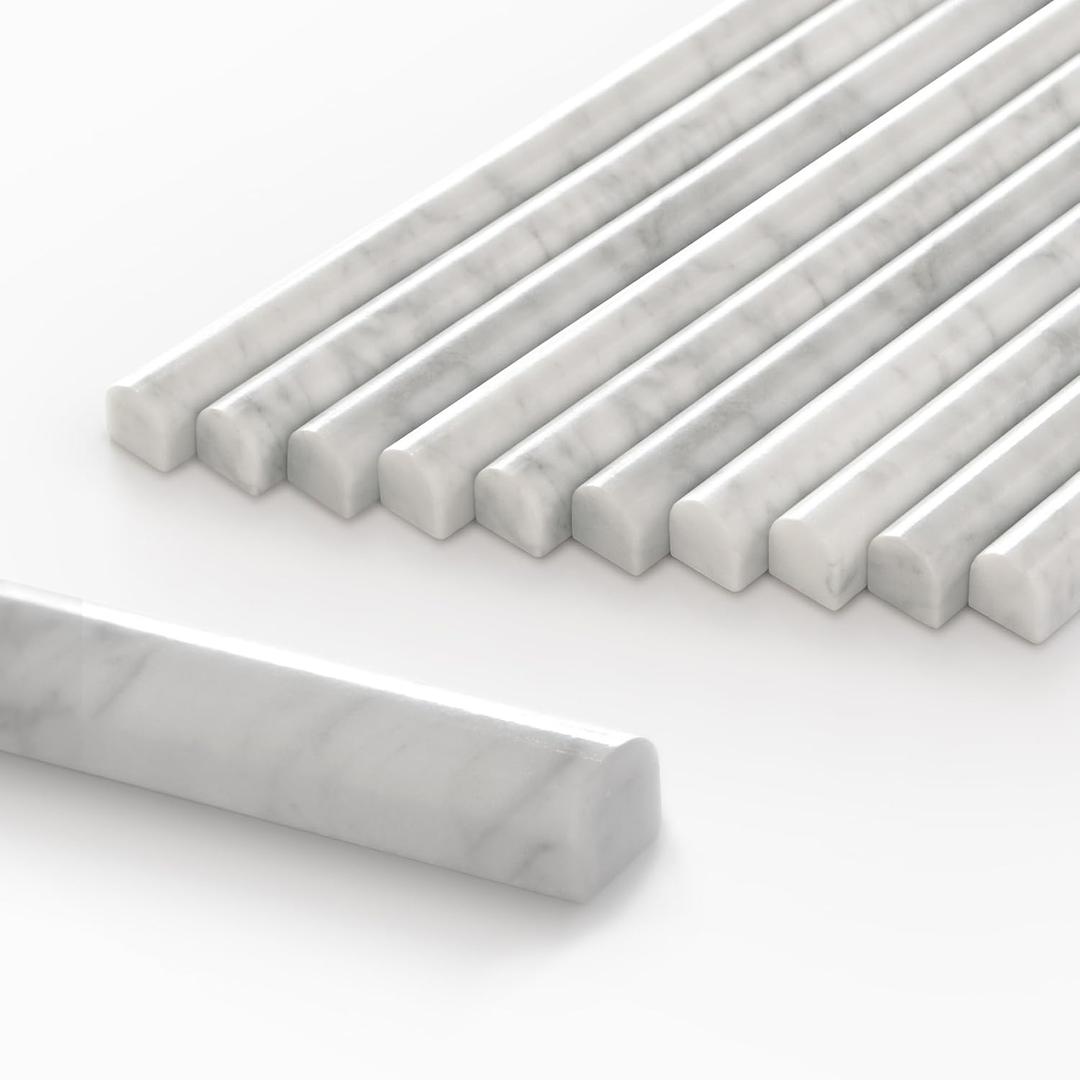 10-Pack Carrara White Marble Pencil Liner Tile, 3/4" x 12" Honed Natural Stone Bullnose Tile Edge Trim Molding for Kitchen Backsplash, Bathroom and Shower Wall