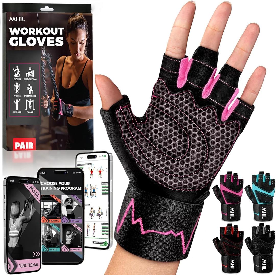 MhIL Workout Gloves for Women  Breathable Gym Gloves for Women with Palm Protection and Enhanced Grip  Padded Weight Lifting Glove for Womens with Wrist Wraps Support Weightlifting Exercise Cycling (Medium: 7.5  8 / 19.1  20.5 cm, Pink)