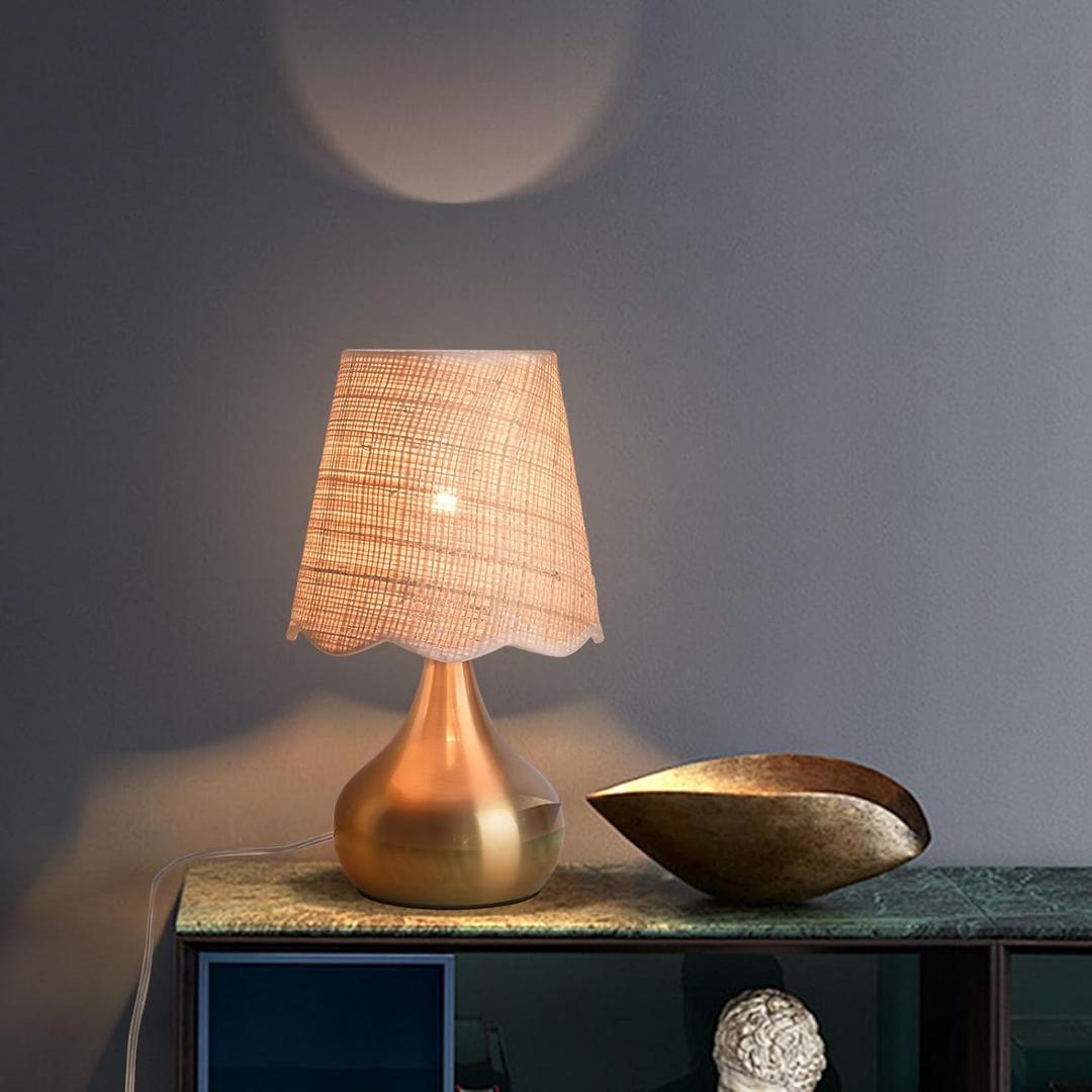 Gold Small Bedside Table Lamp for Bedroom, Brass Gold Mini Table Lamps for Nightstand, Rattan Shade Table Lamps for Small Spaces for Kitchen Counter, Bookshelf, Bedroom, Living Room, Kids Dorm (On/Off Switch)