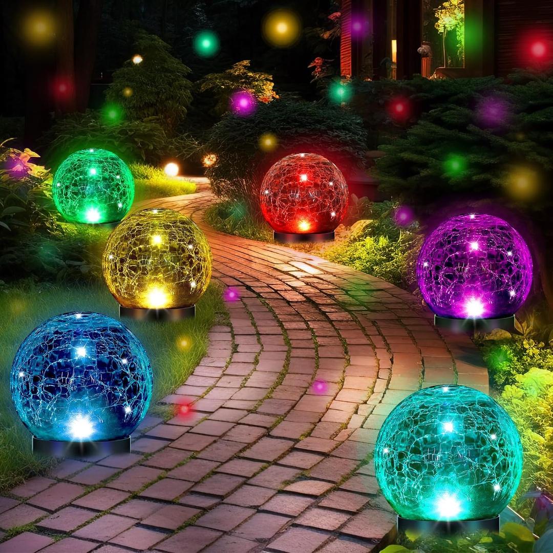 Glooglitter 6 Pcs Extra Large Solar Globes Lights Outdoor Cracked Glass Ball Solar Light Multi Color Pre Lit Crystal Waterproof Lawn Globes for Yard Landscape Garden Decor (4.72")