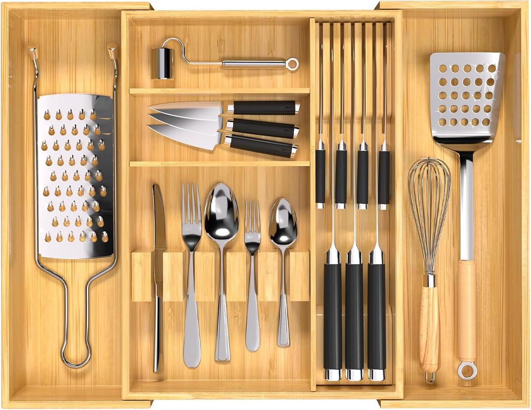 Bamboo Expandable Kitchen Drawer Organizer Adjustable Silverware Drawer Cutlery Tray and 5 Card Slots with Removable Knife Block Cutlery Silverware Flatware Holder for Gadgets Storage Divider