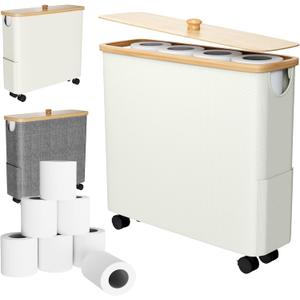 Bamboo Toilet Paper Storage with Lid and Wheels, Bathroom Toilet Storage Basket with Handle, Paper Storage Basket Holder for up to 9 Rolls, Beige, 1 Pack