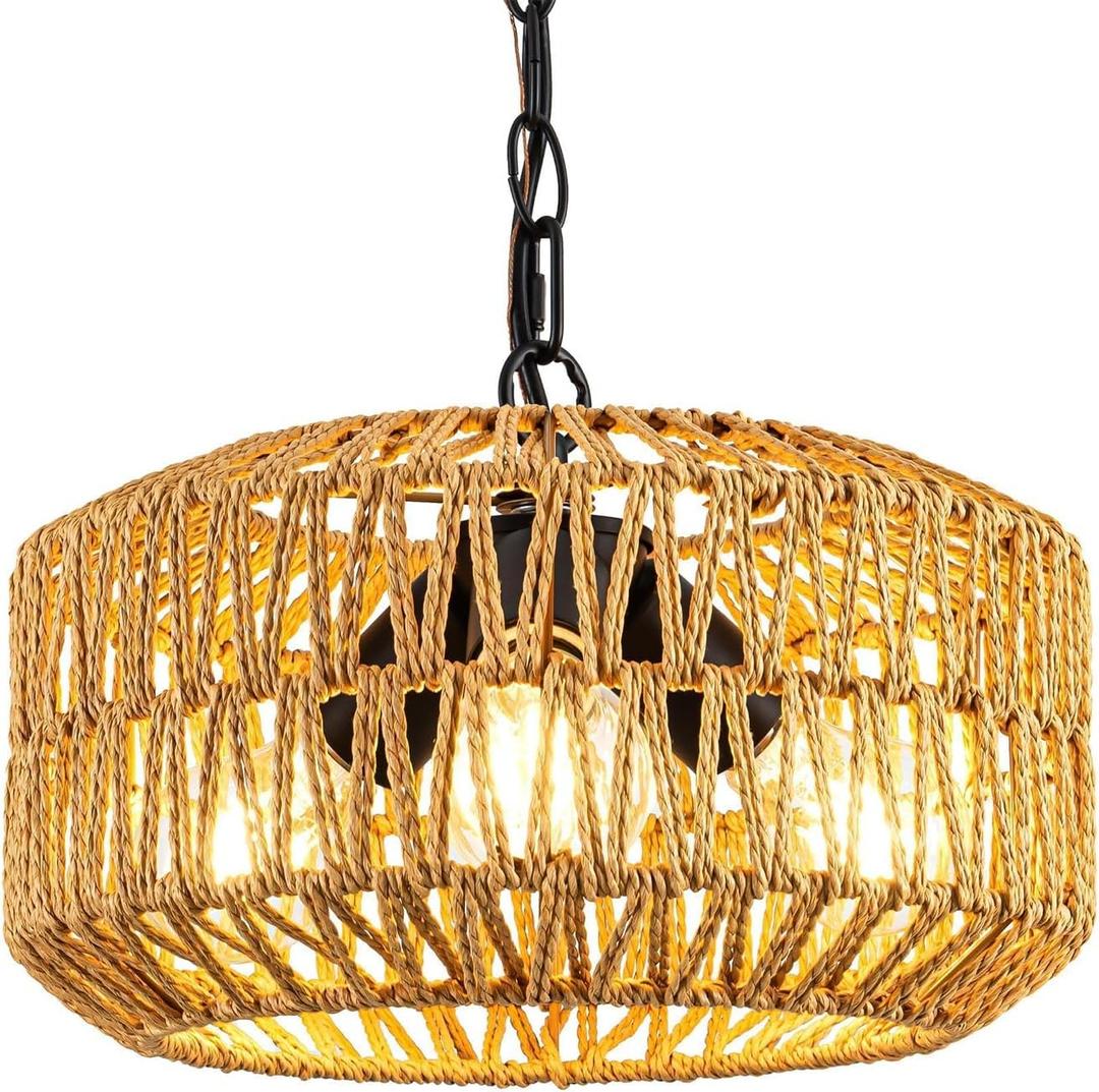 Boho Rattan Chandelier, 3-Lights Farmhouse Hanging Pendant Light, 11.8" Rustic Wicker Woven Chandeliers for Living Room, Kitchen Island(No E26 Bulbs, Not Exceeding 4.3")