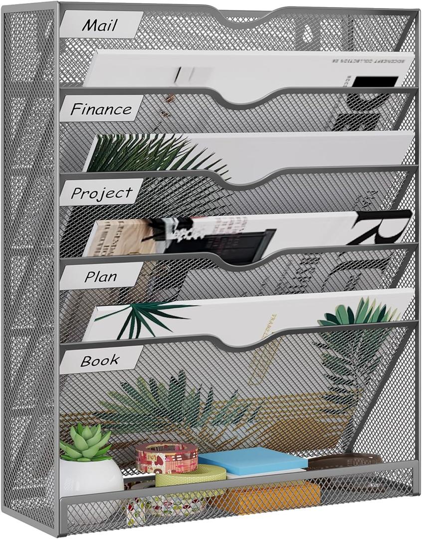EasyPAG Mesh Wall Hanging File Organizer 5 Tier Letter-sized Desk/Wall Mount File Holder Mail Organizer for Office Home and Classroom, Silver
