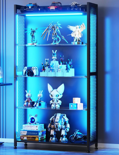 AODK Display Case with LED Lights, Display Cabinet with Glass Storage Shelves, 4-Tier Curio Cabinet for Collectibles with Open Shelf, Black