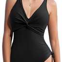 AI'MAGE Women's One Piece Swimsuits 2025 Tummy Control Bathing Suits Push Up V Neck Swimwear with Twist (Black) L