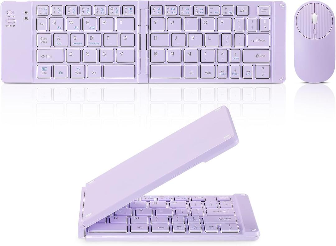 Foldable Mini Rechargeable Bluetooth Keyboard and Mouse Combo, 2.4G Wireless and Bluetooth,(Sync Up to 3 Devices), Ultra-Slim Travel Folding Keyboard for iPhone iPad Mac Android Windows iOS(Purple)