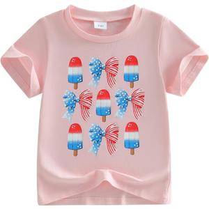 Kids Toddler Girls 4th of July T-Shirt Short Sleeve Patriotic Coquette Bow American Flag Independence Day Top (Pink Ice Cream), 1-2Y
