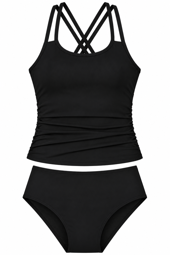 Century Star 2 Piece Girls Tankini Swimsuit - UPF 50+ Front Cutout Black Swimsuit Set Adjustable Straps Ink Jet Black 14-15 Years