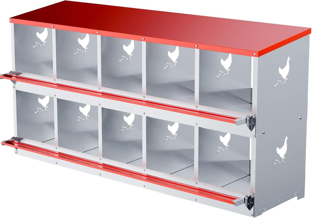 Chicken Nesting Boxes - 10 Compartment Metal Poultry Nest Box Wall Mount for Chickens, Hens, Ducks - Easy Egg Collection - Large Vented Holes Chicken Coop Equipment (10 Compartment)