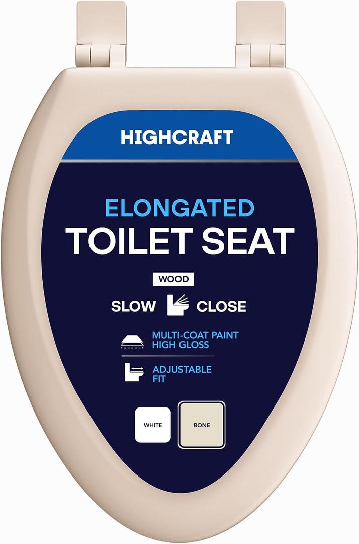 HIGHCRAFT Premium Elongated Toilet Seat with Slow-Close Design & Adjustable Hinges - Molded Wood Toilet Seat - Fits Standard Elongated Toilets - Oval Seat in Bone/Beige