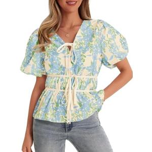 Cicy Bell Womens Puff Sleeve Tie Front Tops Summer Babydoll Peplum V Neck Blouse Casual Dressy Pleated Floral Print Shirts, Large