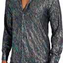 Mens 70s 60s Disco Shirt Metallic Party Costume Long Sleeve Button Down Shirts (Medium)