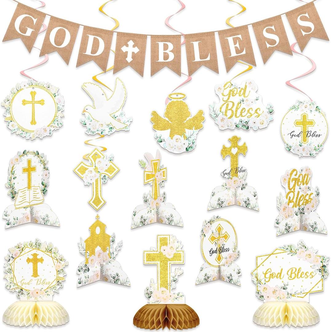 Kosiz 16 Pcs Baptism First Communion Decorations Set 9 White Gold Floral God Bless Baptism Honeycomb Table Centerpieces Double Sided Toppers 6 Hanging Swirls 1 God Bless Banner for Girl Boy Birthday