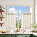 jinchan Boho Kitchen Curtains 24 Inch Linen Tier Curtains with Geometric Pattern Bohemian Cafe Small Light Filtering Window Treatment for Living Room RV Back Tab 2 Panels Green on Linen