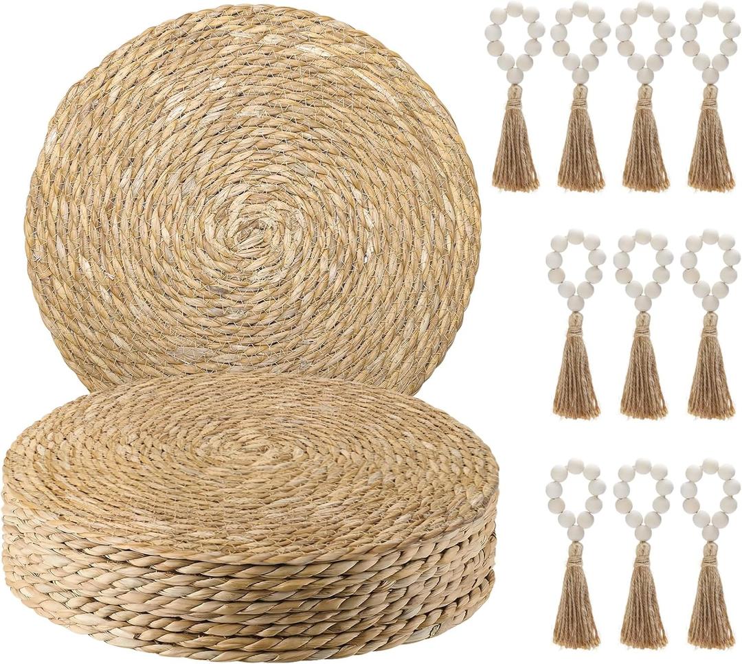 Woven Placemats Set of 10, 13.8" Natural Water Hyacinth Round Rattan Placemats with Wooden Beads Napkin Rings for Kitchen Dining Table Decor