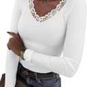 LUXVEER Long Sleeve Shirts for Women Lace V Neck Ribbed Fitted T-Shirt Dressy Business Casual Blouses 2026 Trendy Fall Tops (White, S)