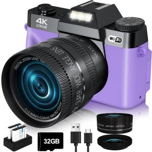 2024 Upgrade VJIANGER Digital Camera for Photography 4K 56MP Vlogging Camera for YouTube with WiFi, 180 Flip Screen, 16X Digital Zoom, 52mm Lens, 2 Batteries, 32GB Micro SD Card(Purple) (YL06-W01-1-Purple)
