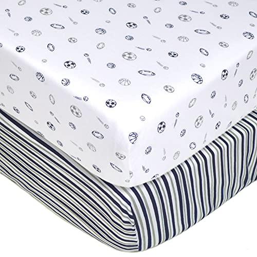 American Baby Company 2 Pack 100% Natural Cotton Fitted Crib Sheets 52" x 28" - Soft, Breathable, Hypoallergenic & Gentle Toddler Bed Sheets, Navy/Grey Sports Stripes, Neutral for Boys & Girls
