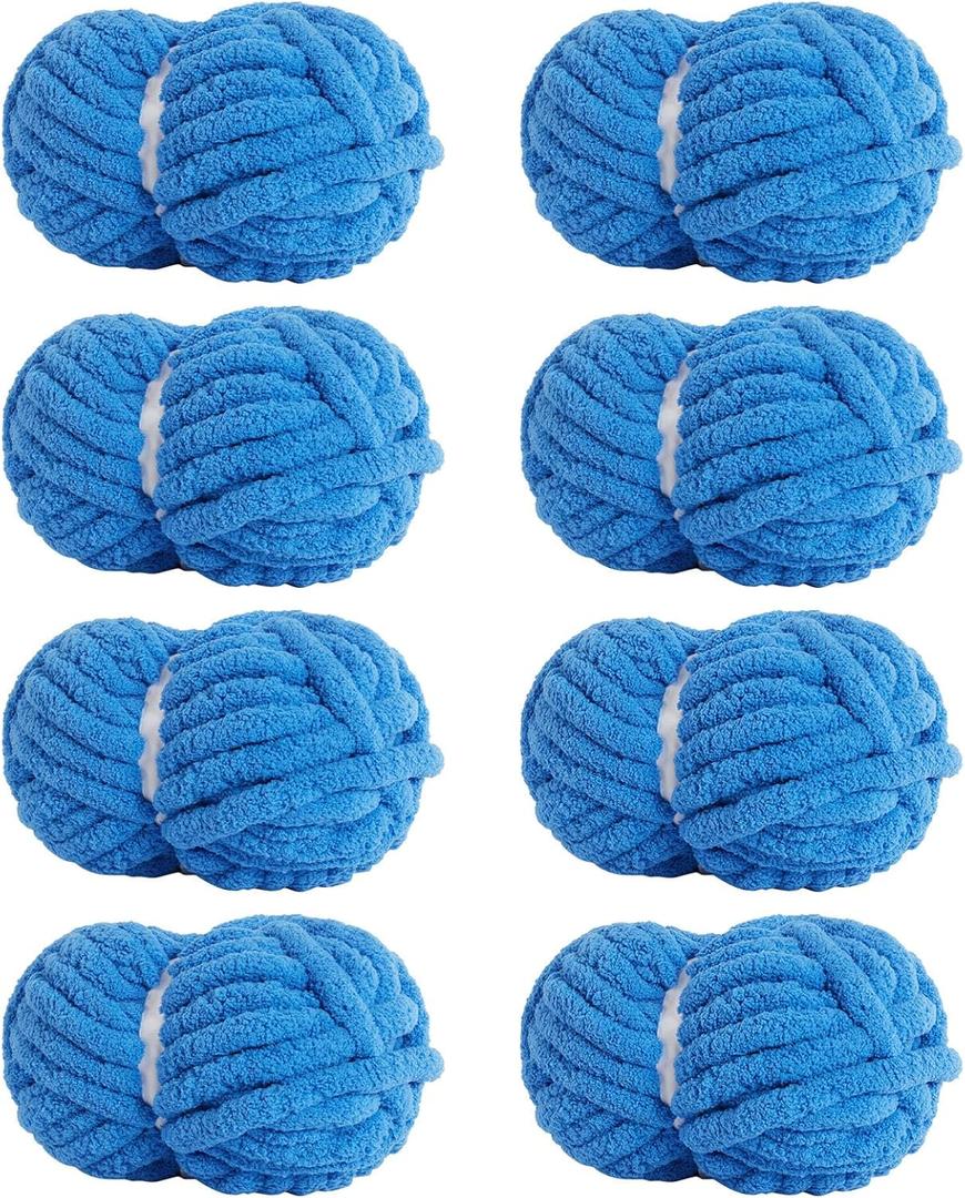 Chunky Yarn for Hand Knitting Soft Jumbo Bulky Fluffy Chenille Yarn for Crocheting Blanket Scarf DIY 8 Pack (Blue, 28yds, 8 Ounces Each)