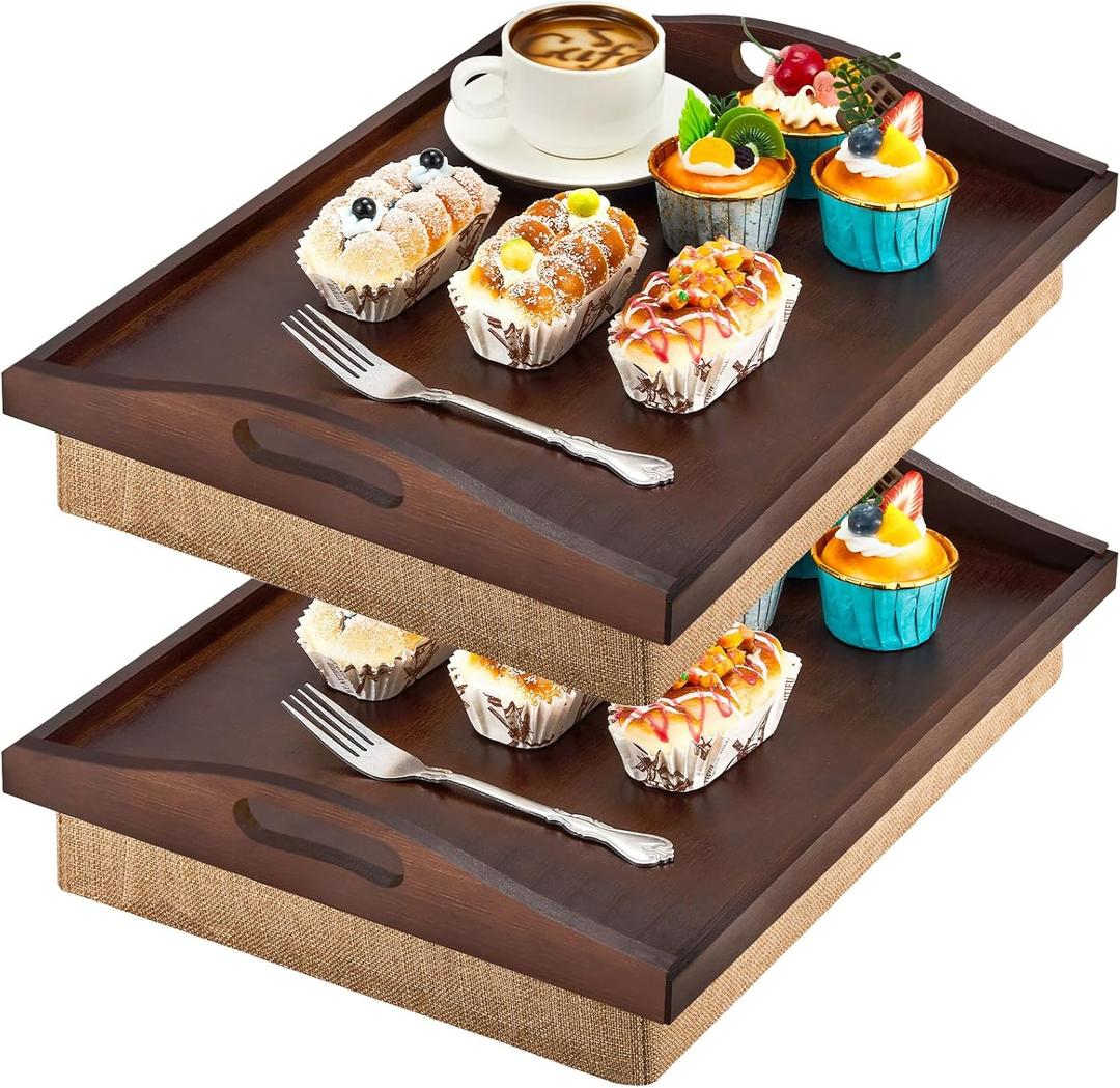 Tioncy 2 Pieces Bamboo Lap Tray with Detachable Pillow 16.9'' x 13'' Lap TV Trays Desk with Handles for Adults Eating in Recliner Breakfast Housewarming Gift (Walnut Brown)