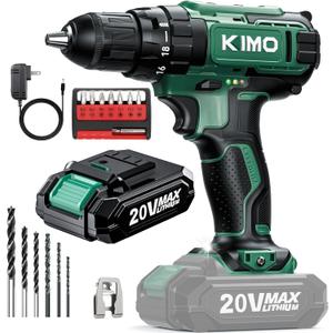 KIMO 20V Cordless Drill Set with 2.0Ah Battery, Max 350 In-lb Torque, 1350 RPM, 3/8" Keyless Chuck, 18+2 Clutch Setting, 18pcs Accessories, Power Drill for Drilling Wood Bricks Walls Metal