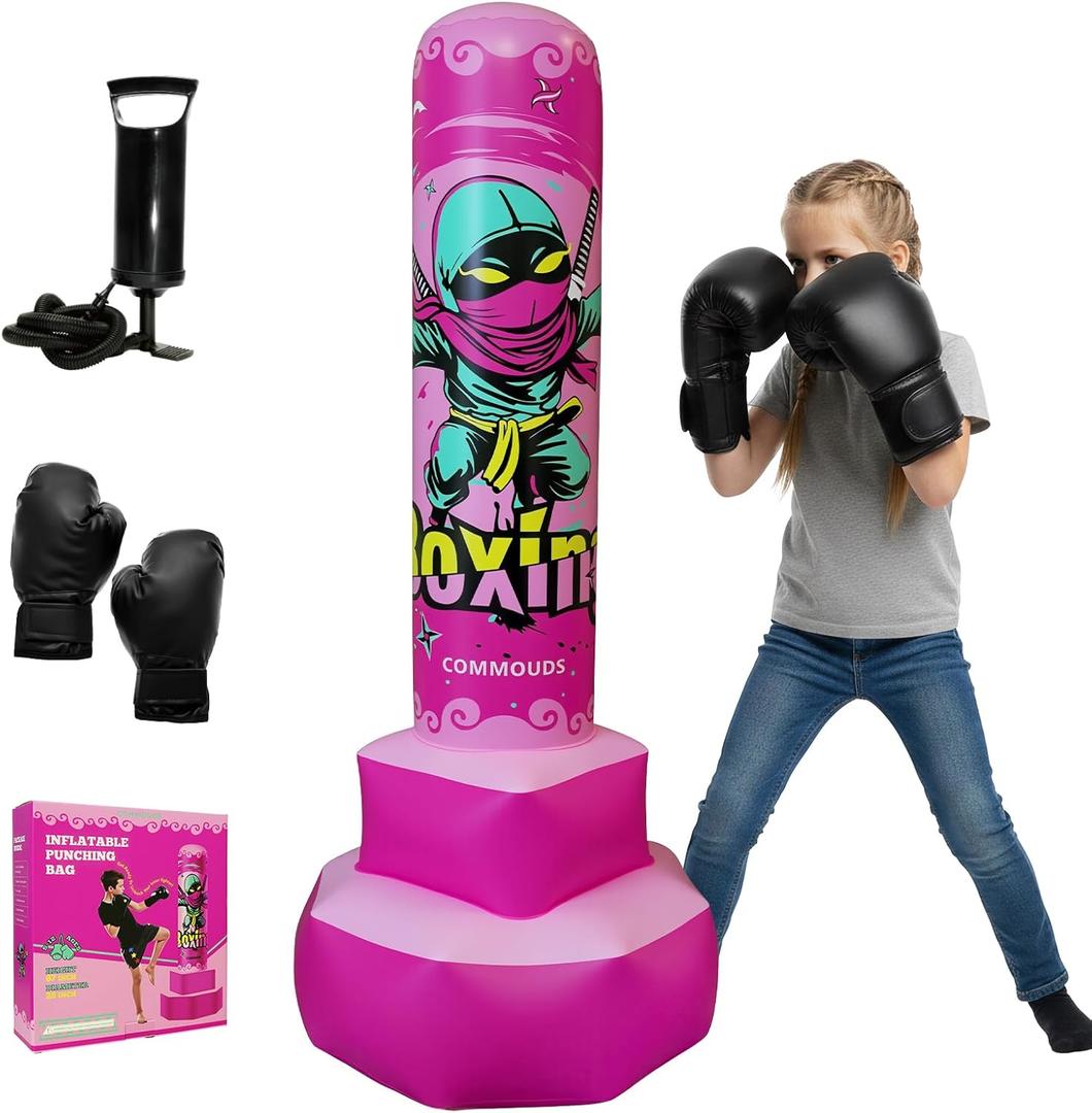COMMOUDS 67inch Punching Bag for Kids, Inflatable Kids Boxing Set with Gloves, Fast Rebound Punching Bag for Practicing Karate, Taekwondo, MMA, Christmas/Birthday Gift for Boys Girls, Ages 6-14