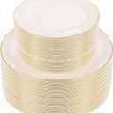 bUCLA 100PCS Ivory Plastic Plates with Gold Rim - Heavy Duty Cream Disposable Include 50 Dinner 10 inch & 50 Dessert 7 inch, for Party & Wedding
