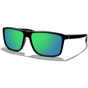 MERRY'S Rectangular Polarized Sports Sunglasses for Men Women Cycling Driving Fishing UV400 Protection S8225 (Black Frame/Gray Metal/Green Mirror Lens)