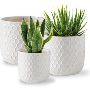 Docrin Plant Pots Indoor with Drainage: 6.4+5.3+4 Inch Ceramic Flower Pots for Plants - Set of 3 Modern Decorative Planters for House/Office/Gift - White Honeycomb