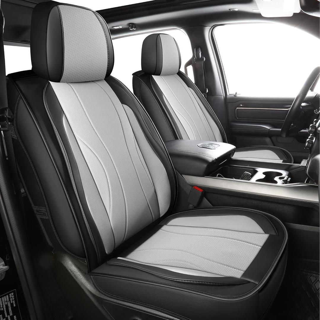 LINGVIDO Waterproof Faux Leather Seat Covers Fit for 2009-2024 Dodge Ram 1500 2500 3500 Seat Cushion Protector Truck Pickup Crew Quad Cab with Split Bench 40/60(Full Set Curved Back, Black+Gray)