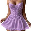 Lilosy Sexy Garter Belt Mesh Lace Babydoll Lingerie Dress Set with Thong (Medium, Light Purple)