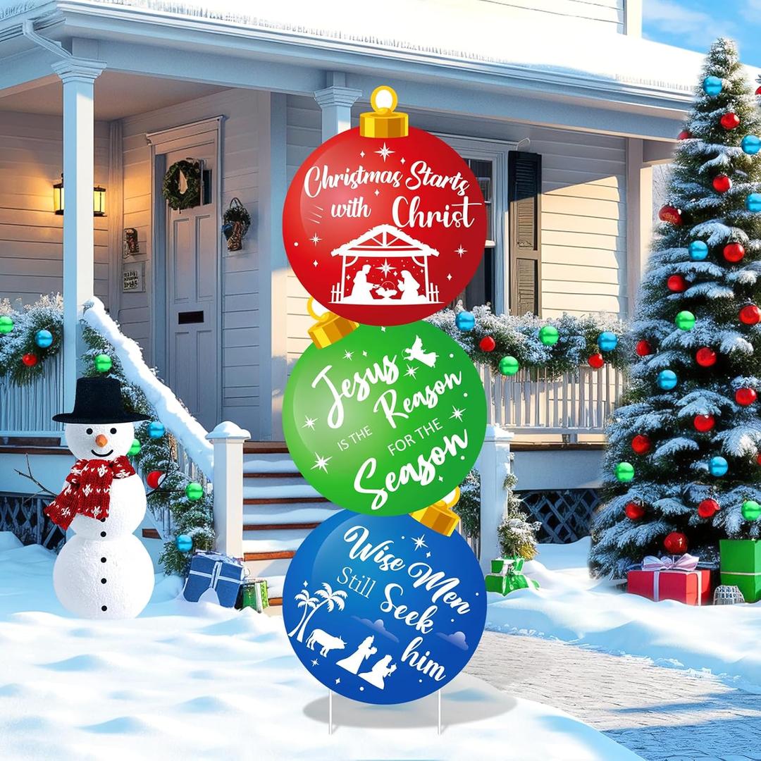 Ball Christmas Yard Sign Jesus Is The Reason for The Season Lawn Signs with Stakes Xmas Ball Ornaments Nativity Scene Religious Outdoor Yard Decorations for Holiday Christmas Pathway Walkway Decor