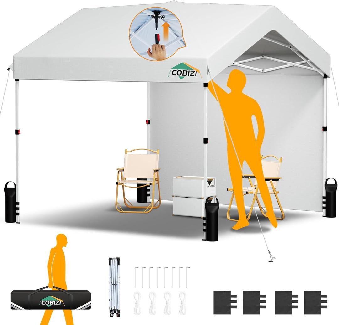 COBIZI Canopy Tent 10x10 Pop Up Canopy with One Button Push Center Lock, Portable Carport with 1 sidewall, 10x10 Carport Canopy for Parties, Commercial, Events, Waterproof, UPF 50+, White