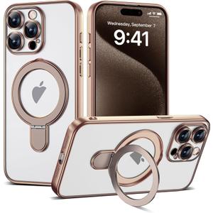 Compatible with iPhone 15 Pro Max Case with Magnetic Ring Stand [Compatible with Mag-Safe] [Full Camera Lens Protector] Soft Plating Clear Phone Case for iPhone 15 Pro Max 6.7", Desert Gold