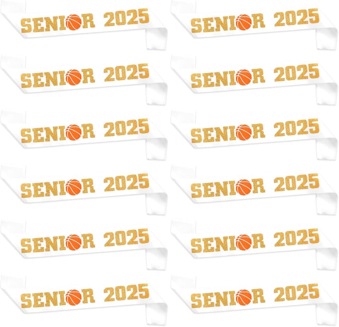 Serencatcher Basketball Senior Night Party Decorations, 12Pcs Basketball Senior 2025 Sash, Class of 2025 Graduation Gifts Senior Cheer Cheerleader Sashes Satin White Sash with Glitter Letters