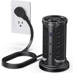Tower Surge Protector Power Strip Flat Plug with 12 AC Outlets 3 USB Ports(2 Type C), 6.5 FT Ultra Flat Extension Cord with Multiple Outlets, Outlet Extender with Screw Wall Mount for Home Office Dorm