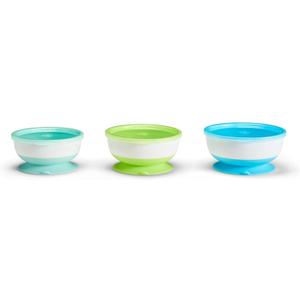 Munchkin Stay Put Suction Baby Bowls with Lids - Dishes for Babies and Toddlers, Self-Feeding Bowl Set for Kids 6+ Months, 3 Pack, Blue/Green (Small (100ml), Medium (150ml), Large (200ml))