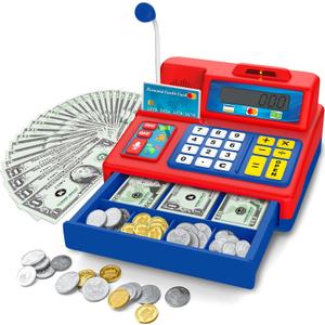 Calculator Cash Register - 103 Pcs Toy Cash Register, Microphone, Credit Card and Banking for Kids, Early Math Skills Toys Gifts for 3, 4, 5, 6 7 8+ Years Old Boys Girls
