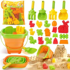 Dreamon Beach Toys for Kids 29PCS Farm Sand Toys with 2 Collapsible Buckets, Rake & Shovel Set, Sand Molds and Mesh Bag, Sandcastle Building Kit Travel Beach Toys for Kids Ages 4-8