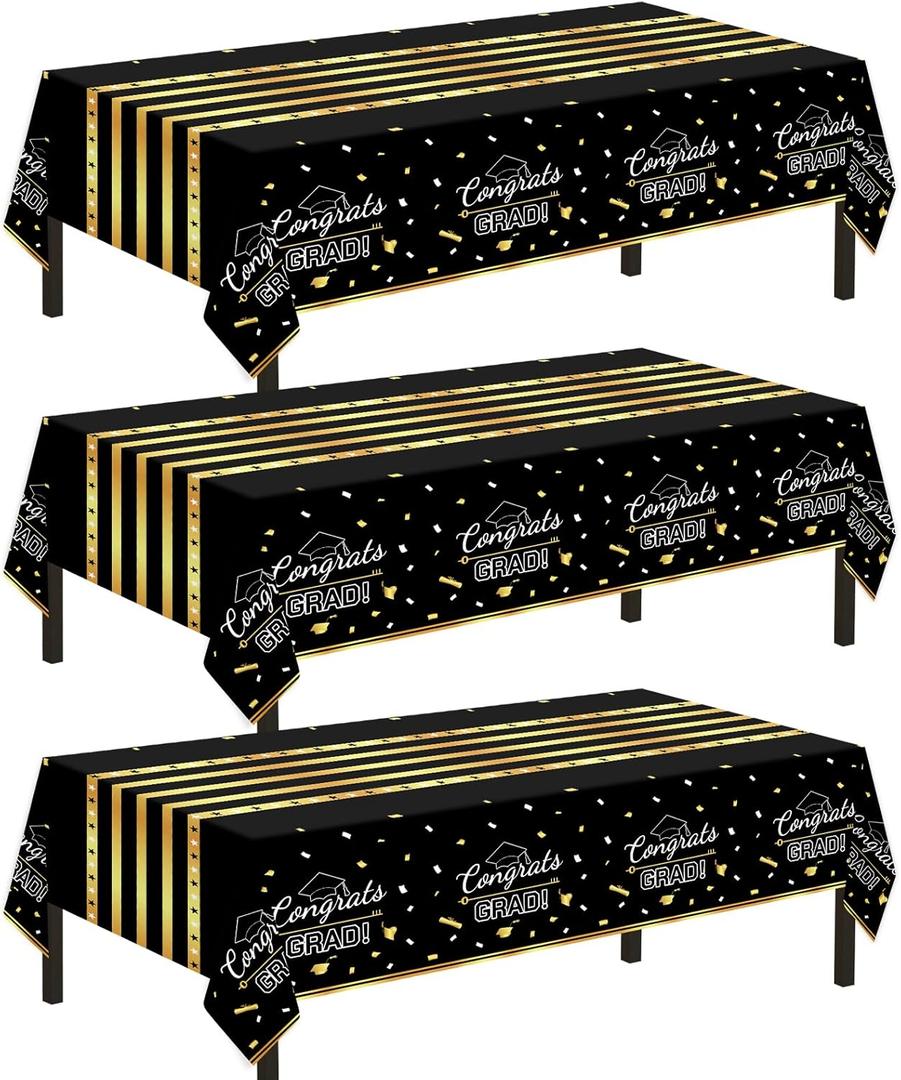 Childom 3 Pack Graduation Tablecloth, Graduation Decorations Class of 2026 Graduation Party Decorations, 54"x108" Black and Gold Plastic Table Cloth Disposable Rectangle for Home, School, Party Supplies